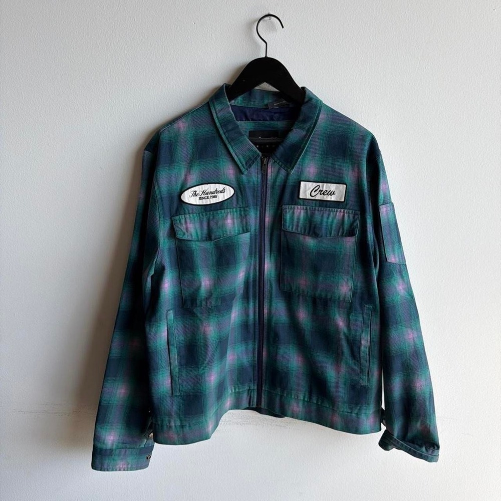 The Hundreds Green Plaid Zip Up Jacket Crew Patch Skater Grunge Mens Large